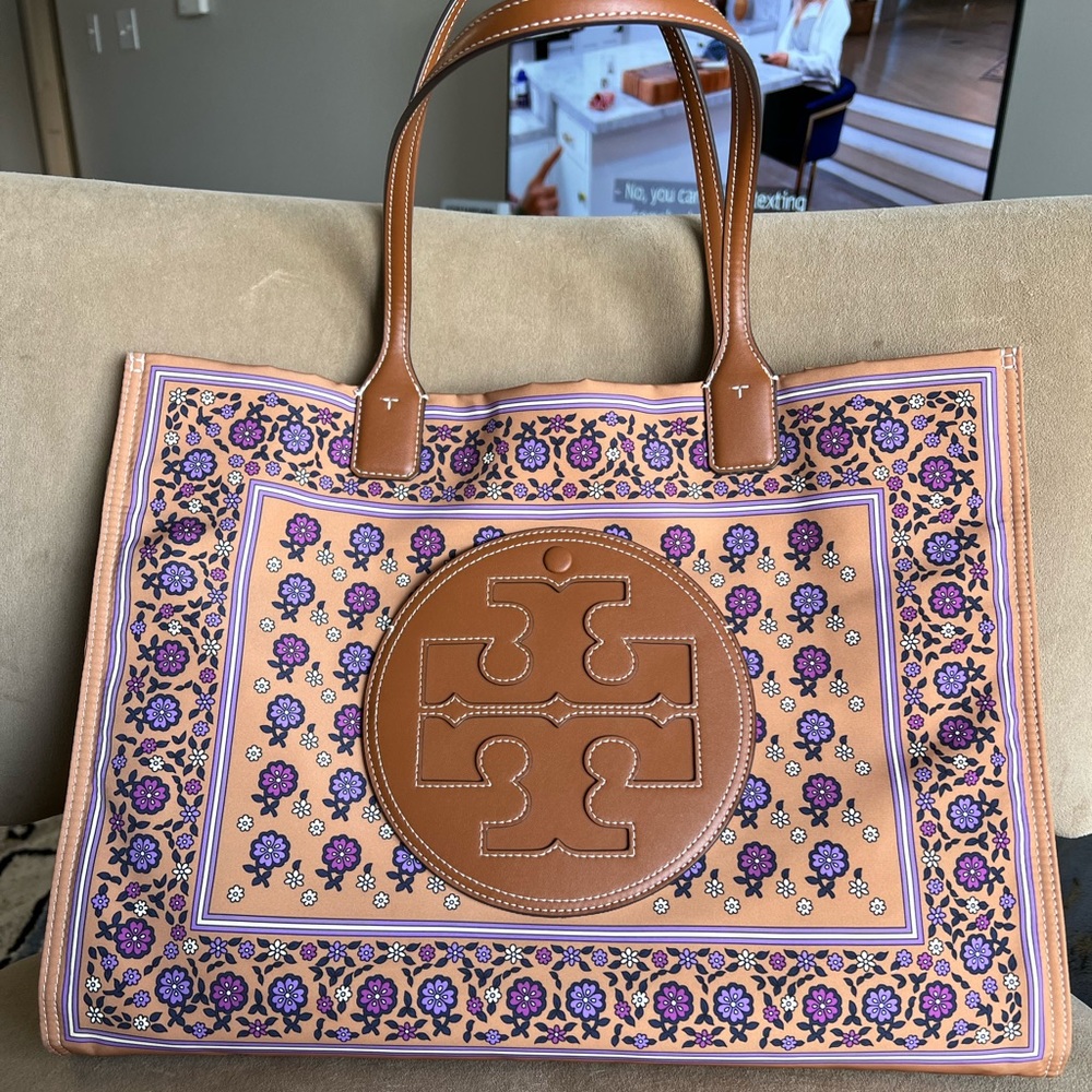 Tory Burch Ella Printed Large Tote Brown Floral Daises